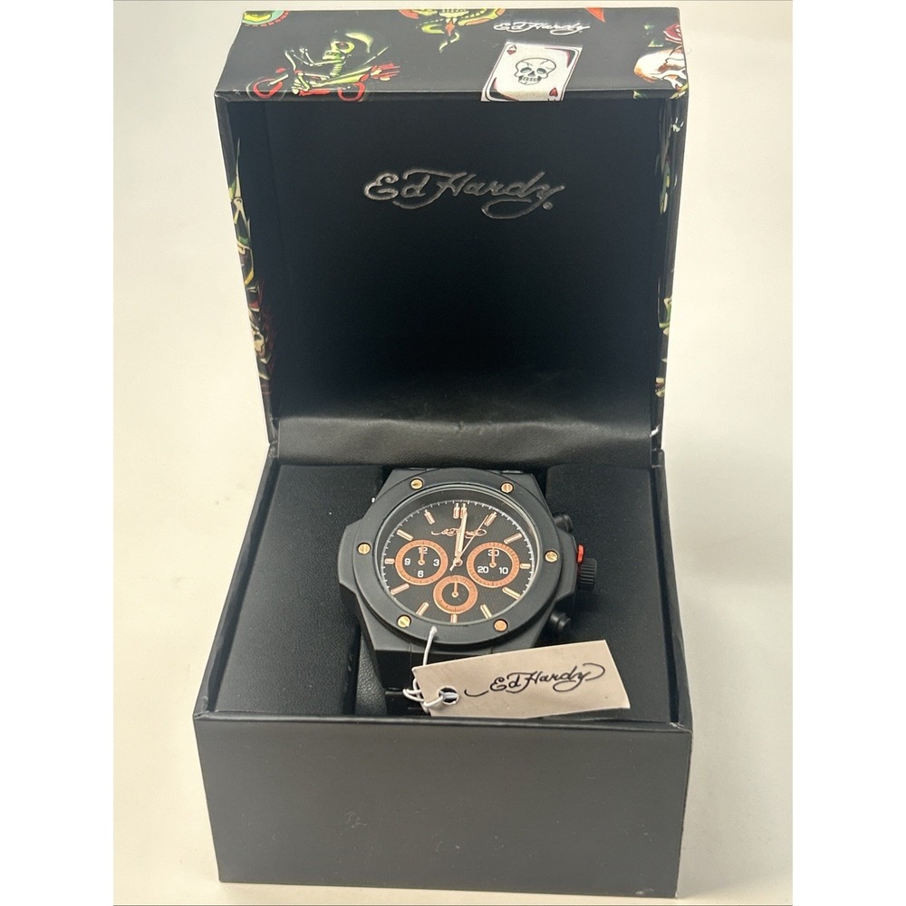 NIB Ed Hardy Men's Black Chronograph Watch W/ Rose Gold Details ($95 Retail)